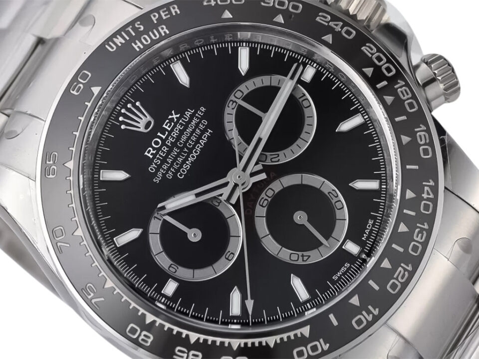 Cosmograph Daytona Stainless Steel with Black Dial (2023), featuring chronograph subdials and tachymeter bezel.