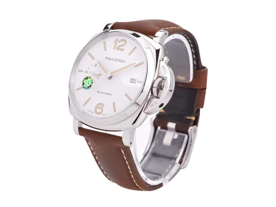 Luminor Due 42 Automatic watch with stainless steel case, white dial, and brown leather strap displayed at an angle.
