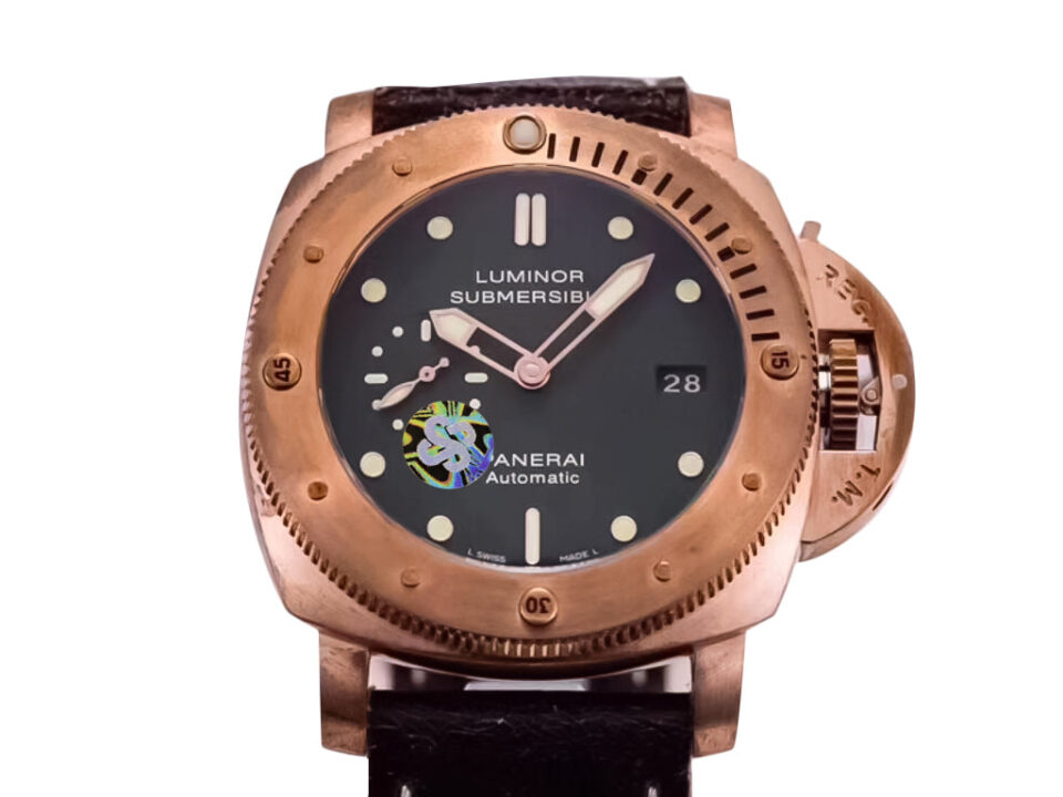 Luminor Submersible 1950 3 Days Automatic watch in titanium and bronze, green dial, brown strap, 47mm case diameter.