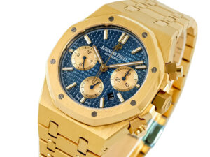 Royal Oak Chronograph Yellow Gold with Blue Dial (41mm) featuring gold case, bracelet, and subdials on a textured blue face.