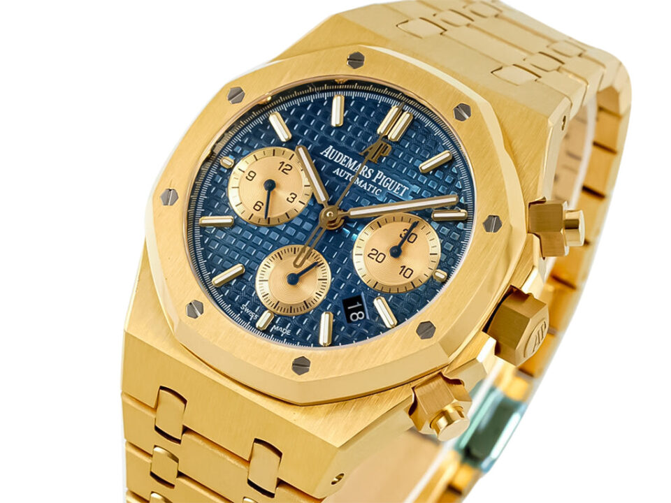 Royal Oak Chronograph Yellow Gold with Blue Dial (41mm) featuring gold case, bracelet, and subdials on a textured blue face.