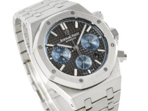 Royal Oak Chronograph Stainless Steel with Titanium Dial (41mm), featuring a silver-tone case and blue sub-dials.