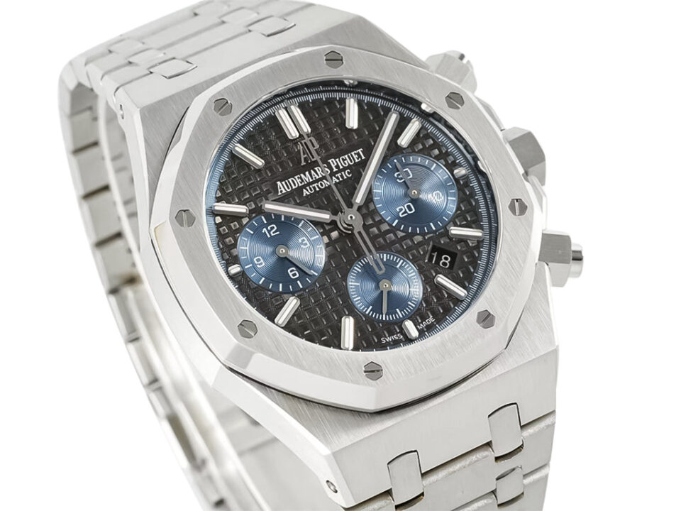 Royal Oak Chronograph Stainless Steel with Titanium Dial (41mm), featuring a silver-tone case and blue sub-dials.