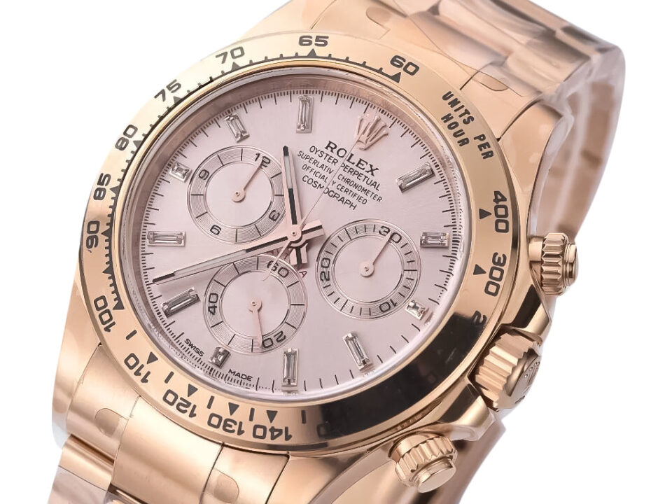 Cosmograph Daytona Rose Gold watch with Diamond Pink Dial, featuring chronograph sub-dials and an elegant rose gold bracelet.