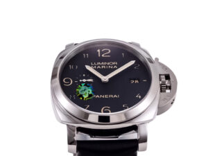 Luminor 1950 Marina 3 Days Automatic watch, stainless steel case, black dial, black strap, 44mm size, visible side crown.