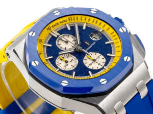 Royal Oak Offshore Chronograph 'Ukrainian Flag' (44mm) with blue and yellow accents, silver case, and multi-function dial.