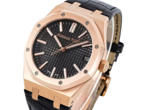 Royal Oak Pink Gold '50th Anniversary' watch with black dial, leather strap, and 41mm case displayed at an angle.