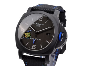 Luminor 1950 44 GMT Automatic ‘Bucherer Blue Label Edition’ watch with DLC coated ceramic case and black strap.