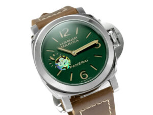 Luminor Marina 8 Days ‘Paneristi’ watch with stainless steel case, green dial, gold-tone hands, and brown leather strap.