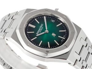Royal Oak 'Jumbo Extra-Thin' Stainless Steel 50th Anniversary Watch with Smoked Green Dial and Integrated Bracelet.