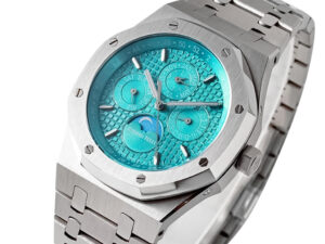 Royal Oak Perpetual Calendar Stainless Steel UAE watch with a 41mm case and turquoise dial displaying date, moon phase.