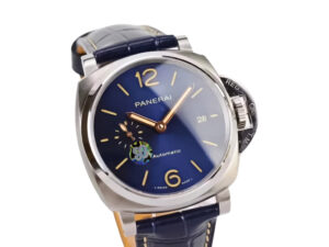 Luminor Due 42 Automatic watch with a titanium case, blue dial, and blue strap, featuring gold-tone markers and date display.