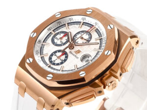 Royal Oak ‘Offshore Chronograph’ watch in pink gold, white dial with subdials, 44mm case displayed on a transparent strap.