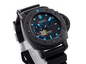 Luminor Submersible 42 3 Days Automatic with Forged Carbon Case and Bezel, Black dial, blue accents, and black strap.