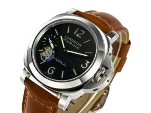 Luminor Marina Stainless Steel watch with a black dial, brown leather strap, and 44mm case displayed in a close-up view.