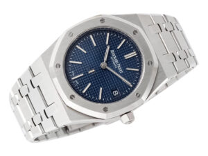 Royal Oak ‘Jumbo Extra-Thin’ 50th Anniversary watch in stainless steel with a blue dial and integrated bracelet.