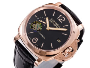 Luminor Due 38 Automatic watch with Oro Rosso red gold case, black dial, date display, and black leather strap (38mm).
