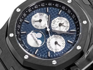 Royal Oak Perpetual Calendar Ceramic 41mm watch with a blue dial displaying moon phase and calendar subdials.