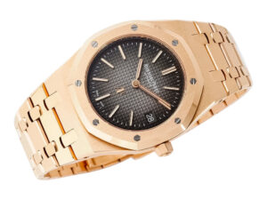 Royal Oak ‘Jumbo Extra-Thin’ 50th Anniversary watch in pink gold with a grey patterned dial, displayed on its bracelet.