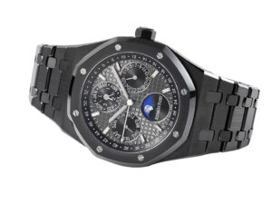 Royal Oak ‘Perpetual Calendar’ Ceramic watch with black dial, featuring a 41mm case and detailed moon phase display.