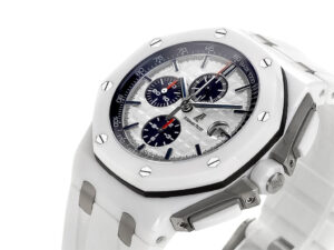 Royal Oak Offshore Chronograph Ceramic with white dial featuring three subdials, tachymeter scale, and white strap (44mm).