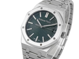 Royal Oak Stainless Steel '50th Anniversary' watch with a 41mm case and green dial, featuring a sleek bracelet design.