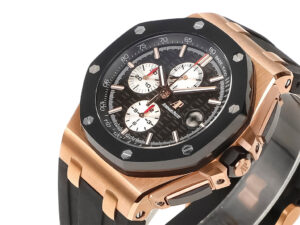 Royal Oak 'Offshore Chronograph' in pink gold, black dial with white subdials, 44mm case, and black strap.