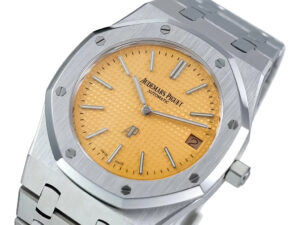 Royal Oak 'Jumbo Extra-Thin' 39mm stainless steel watch with pink gold textured dial and date display.