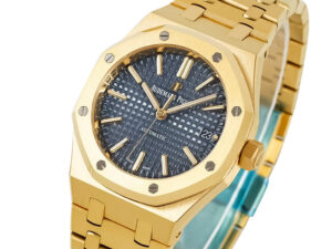 Royal Oak Yellow Gold with Blue Dial (37mm) watch featuring a detailed blue-patterned dial and polished yellow gold bracelet.