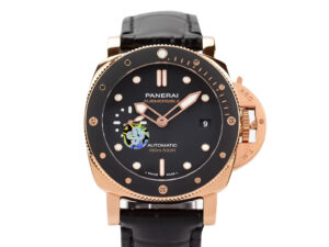Luminor Submersible 42 3 Days Automatic with Goldtech red gold case, black dial, and black strap displayed.