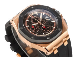 Royal Oak Offshore Chronograph Pink Gold with Black Dial and Subdials (44mm), featuring a robust design and black strap.