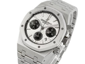 Royal Oak Chronograph Stainless Steel watch with 41mm silver dial, black subdials, and integrated steel bracelet.