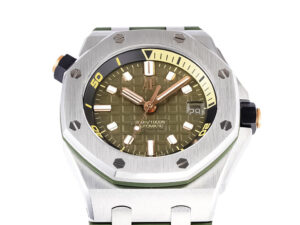 Royal Oak Offshore Diver Stainless Steel 42mm watch with green dial, luminescent markers, and rubber strap.