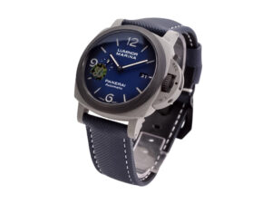 Luminor 1950 44 3 Days Automatic ‘Volcano Blu – Fibratech’ watch with blue dial, composite case, and navy strap.