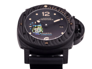 Luminor Submersible 47 3 Days Automatic watch with a black dial, titanium and carbon case, and black strap.