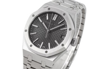 Royal Oak Stainless Steel '50th Anniversary' watch with 41mm case and grey dial, featuring textured pattern and date window.