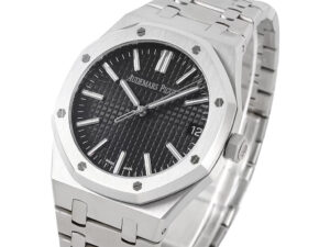 Royal Oak Stainless Steel '50th Anniversary' watch with 41mm case, black textured dial, and stainless steel bracelet.