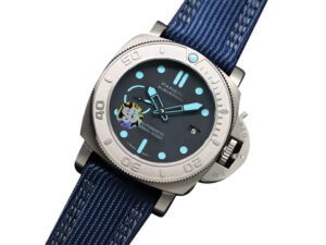 Luminor Submersible 47 ‘Mike Horn Edition’ watch with titanium case, titanium bezel grad, and blue strap.