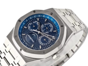Royal Oak ‘Perpetual Calendar’ Stainless Steel watch with blue dial, 41mm size, featuring intricate details and subdials.
