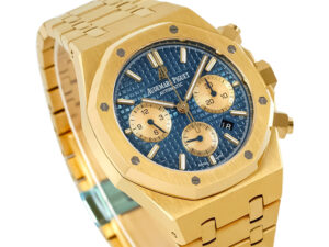 Royal Oak Chronograph Yellow Gold with Blue Dial (41mm) featuring a textured blue face and gold bracelet design.