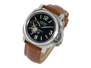 Luminor Marina Logo Stainless Steel watch with a black dial, brown leather strap, and 44mm case displayed at an angle.