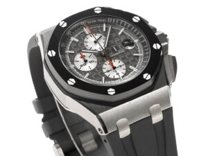 Royal Oak Offshore Chronograph Stainless Steel watch with grey dial, 44mm case, black bezel, and black rubber strap.