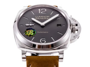 Luminor Due 42 watch with a stainless steel case, grey sunburst dial, date display, and brown leather strap.