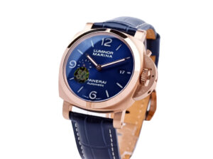 Luminor 1950 44 3 Days Automatic Goldtech Cushion Case watch with ‘Sole Blu’ sunburst dial and blue leather strap.