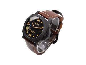 Luminor 1950 44 3 Days Automatic watch with a titanium and carbon case, black dial, and brown leather strap.