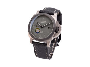 Luminor 1950 44 3 Days Automatic ‘TuttoGrigio’ watch with titanium case, forged carbon bezel, and black strap.