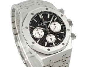 Royal Oak Chronograph Stainless Steel watch with black textured dial, three sub-dials, and a 41mm case displayed at an angle.