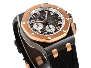 Royal Oak ‘Offshore Chronograph’ 44mm watch in ceramic and pink gold with a grey dial, featuring bold numerals and subdials.