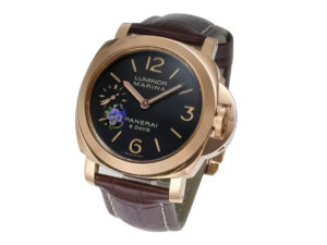 Luminor Marina 44 8 Days Automatic watch in red gold with a brown dial and brown strap, featuring sleek design elements.