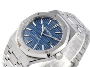 Royal Oak Stainless Steel watch with a 41mm case, blue patterned dial, silver hour markers, and stainless steel bracelet.